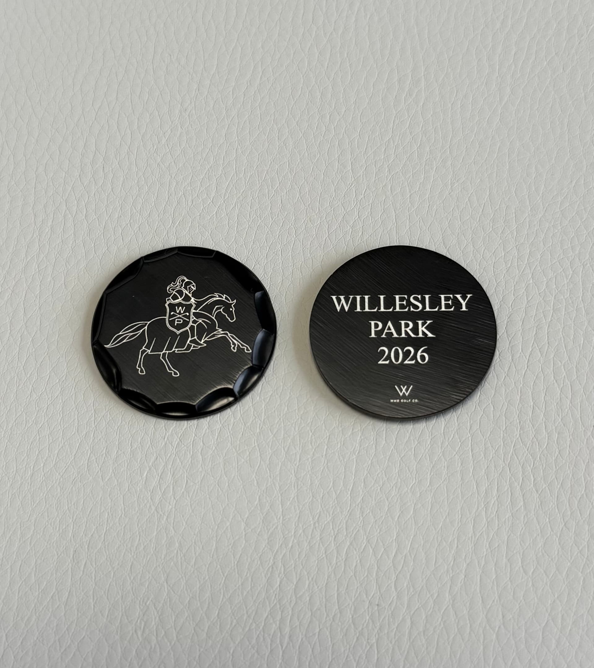 Black Willesley Park 2026 custom ball markers engraved with a crest and club name